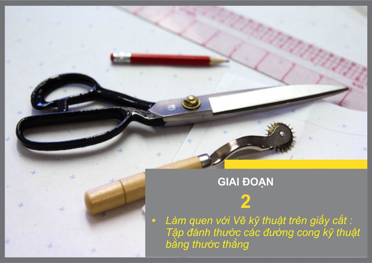 Giai đoạn hai của khoá học cắt may là làm quen với việc vẽ rập trên giấy