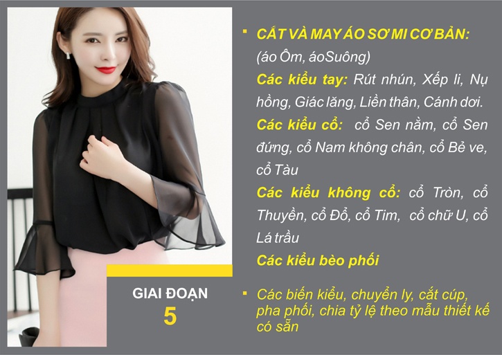 Giai đoạn 5 của khoá học cắt may chính là việc bạn thực hiện cắt may tất cả các kiểu áo